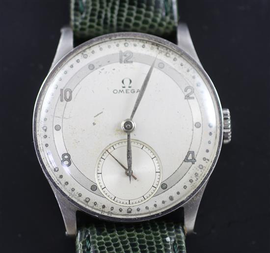 A gentlemans late 1930s steel Omega manual wind wrist watch,